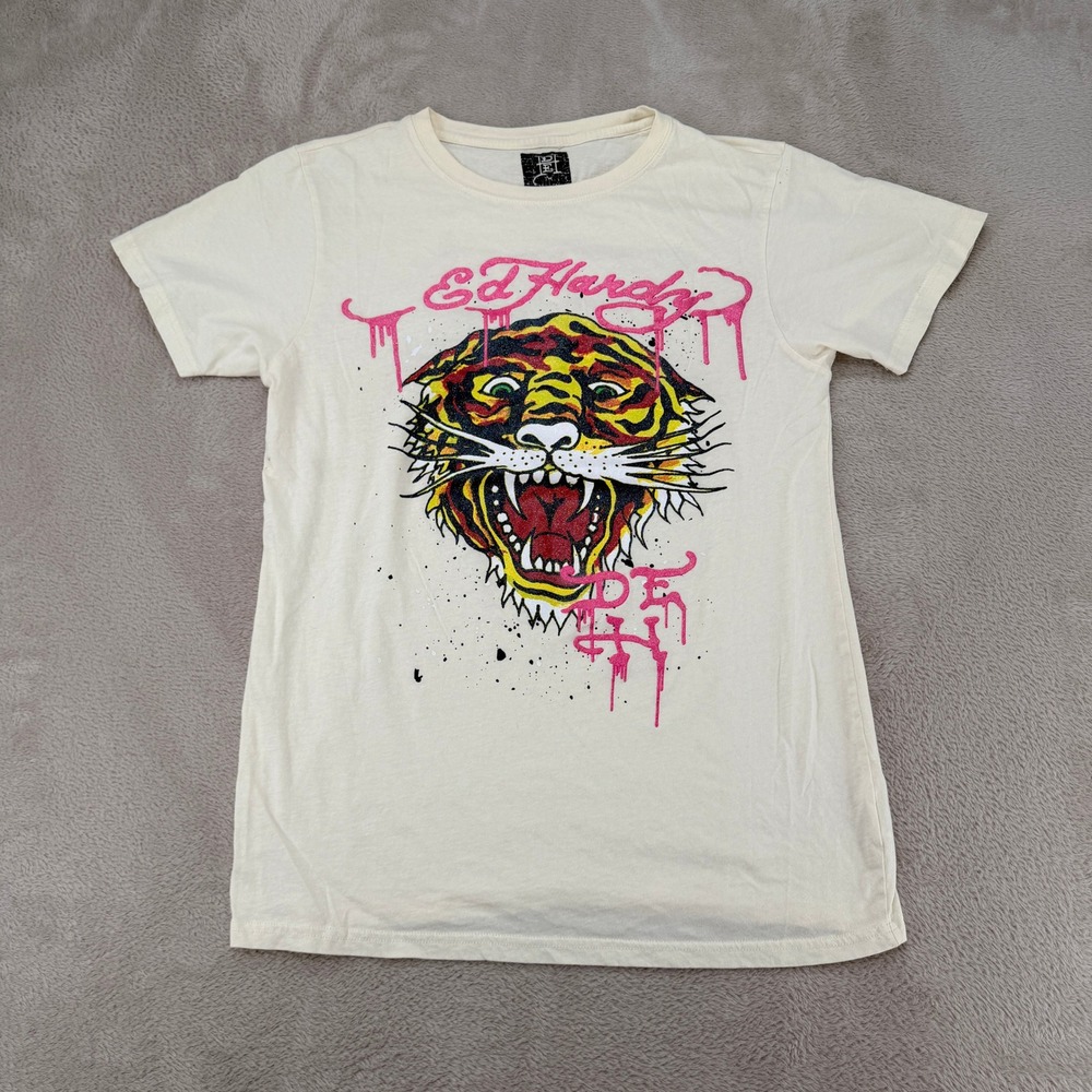 Ed Hardy Mens Tiger Graphic T Shirt Small Cream Preowned Stains Y2K Style